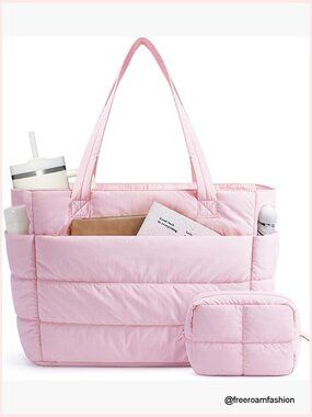 Quilted Tote Bag, Nylon Puffer Shoulder Bag for Work Travel